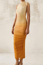 yellow Mesh flowers sleeveless crew neck dress