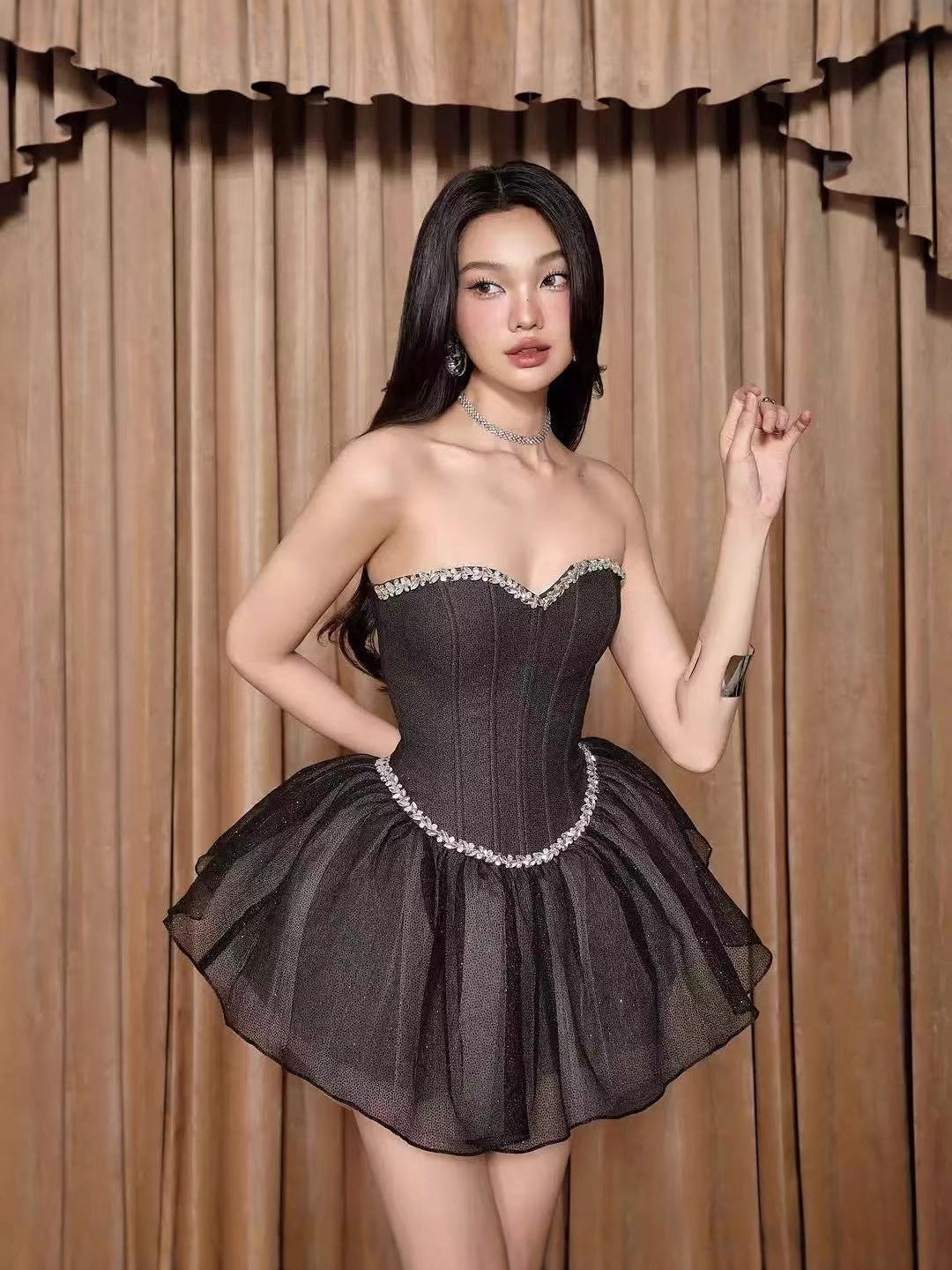 Debby Tube Top Fishbone Mesh Tulle Tutu Mini Dress In Black