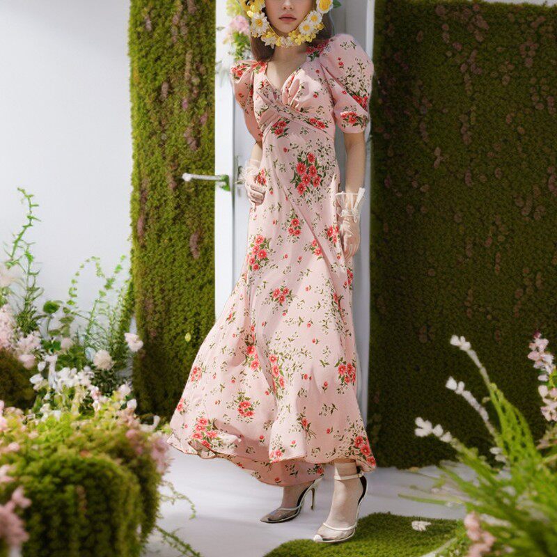 Pink Floral  V-Neck Maxi Dress