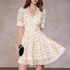 Flowering Girl Women Polka Dot V-Neck a-Line Mini Dress In Apricot