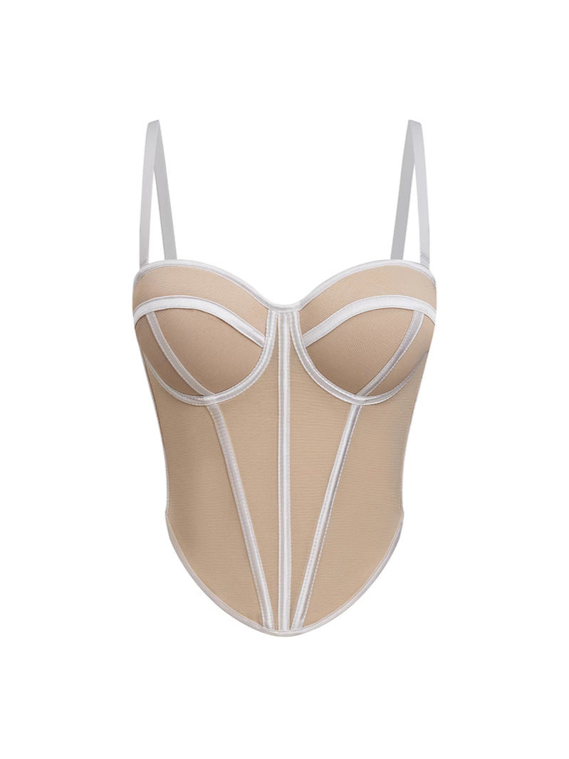 Calista Skin Tone, Fishbone Sexy Mesh Strapless Backless Color-Blocked Waist-Cinching Top
