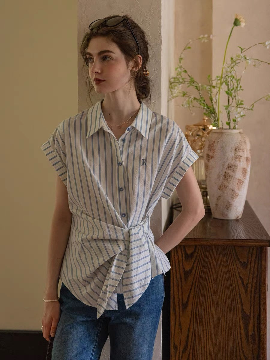 Flowering Girl Women cotton-dyed striped letters embroidered knotted tie-up short-sleeve shirt