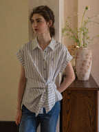 Flowering Girl Women cotton-dyed striped letters embroidered knotted tie-up short-sleeve shirt