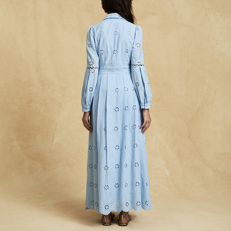 Flowering Girl Women retro single-breasted hollow lace midi dress in blue