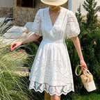 White Openwork Embroidered Short Sleeve V-Neck Petite Dress