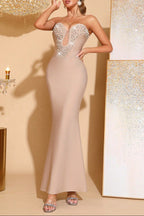Belen Beaded Fishtail Strapless Bandage Maxi Dress In Apricot