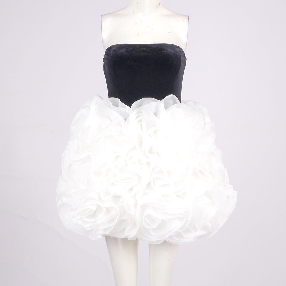 Flowering Girl Women tina white 3d flowers strapless black mini dress