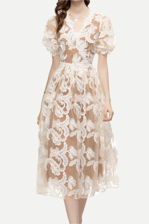 Flowering Girl Women Alisa Mesh Embroidered Puff Sleeves Midi Dress In Beige
