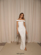 lola white Off-shoulder asymmetrical-draped high slit maxi dress