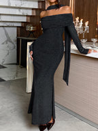 Flowering Girl Women black bandeau long sleeve hip maxi dress