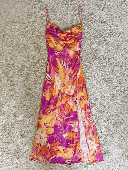 Draped Cowl Neck Floral Satin Slip Maxi Dress