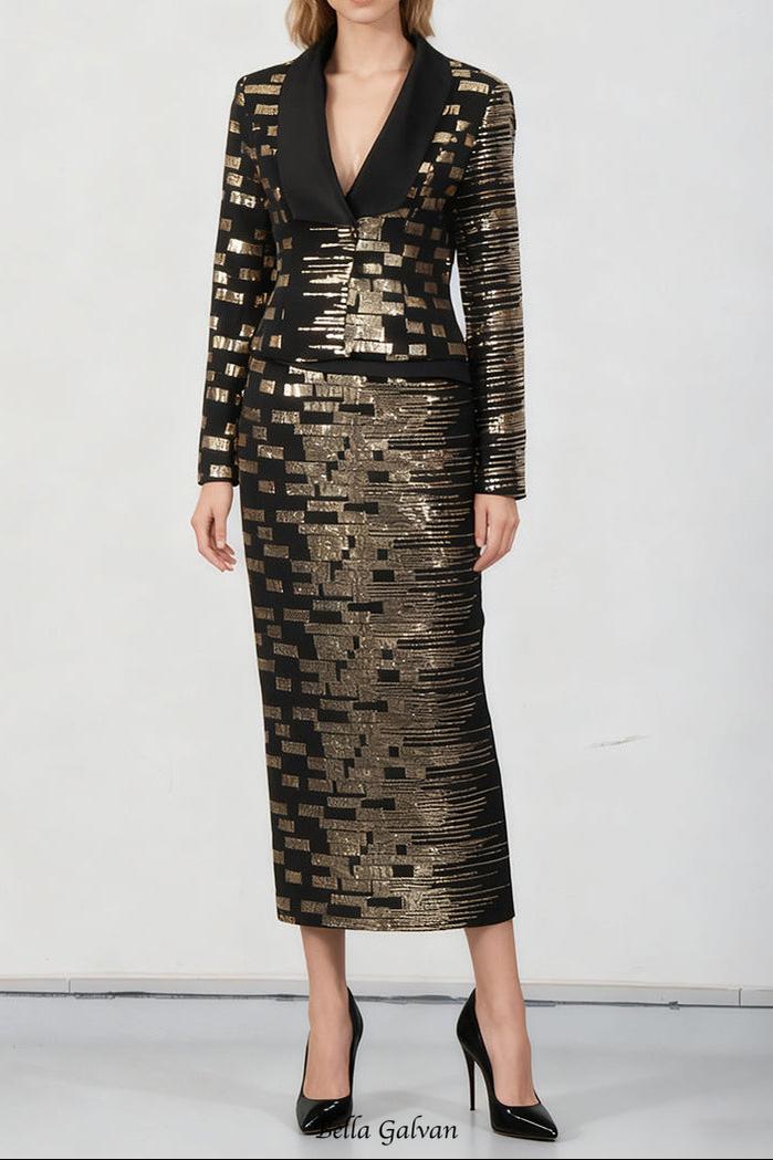 high-waisted skirt Gold sequin print blazer suit in black