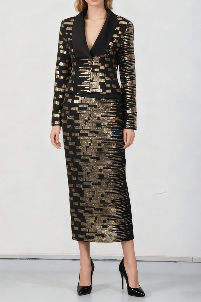 Flowering Girl Women High-Waisted Skirt Gold Sequin Print Blazer Suit In Black