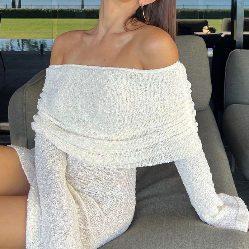 Flowering Girl Women Knitted openwork one-line see-through openwork mini dress