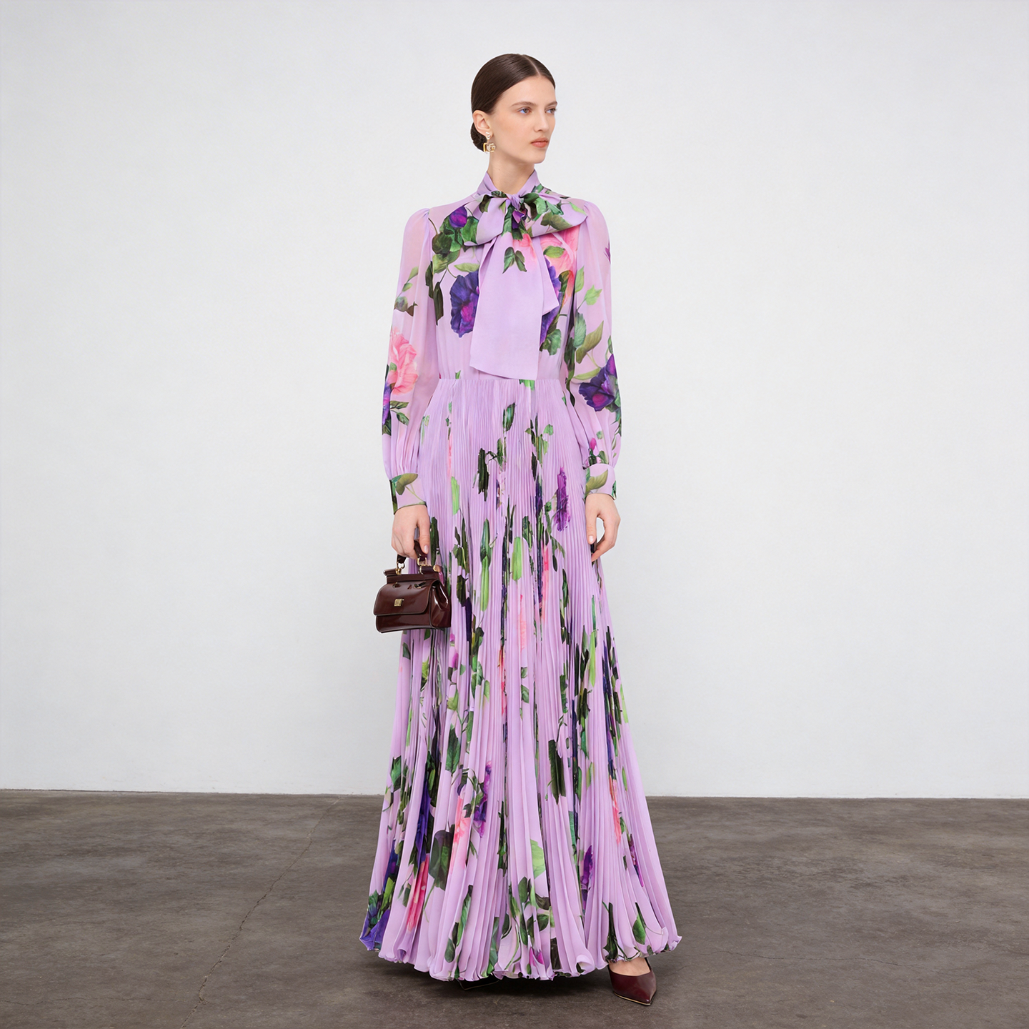 Purple Floral Printed Long Sleeve Pleated Dress