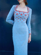 Flowering Girl Women Meroy Square Neck Floral Beading Embroidery Maxi Dress In Sky Blue