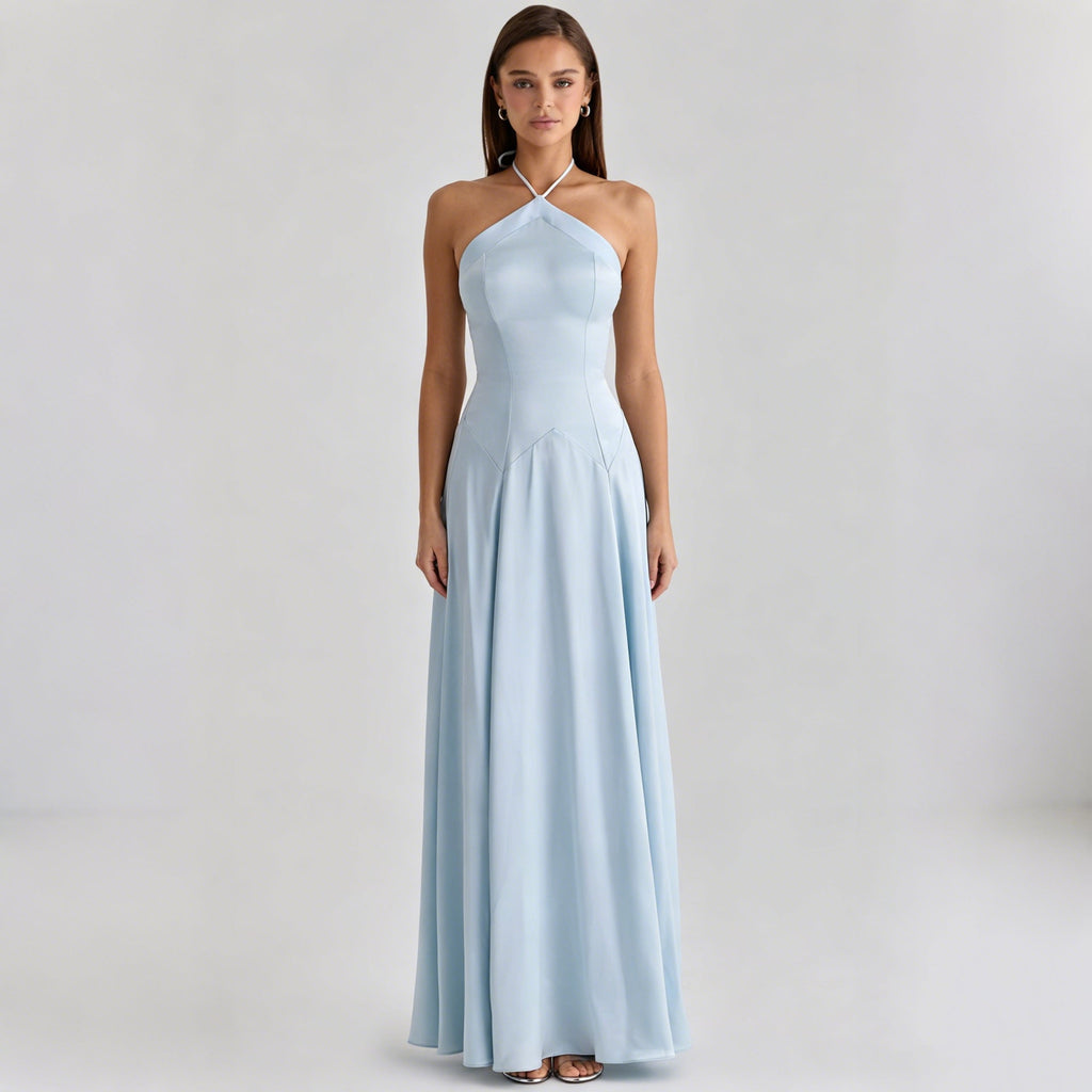 Flowering Girl Women Halter Satin Flowy Maxi Dress