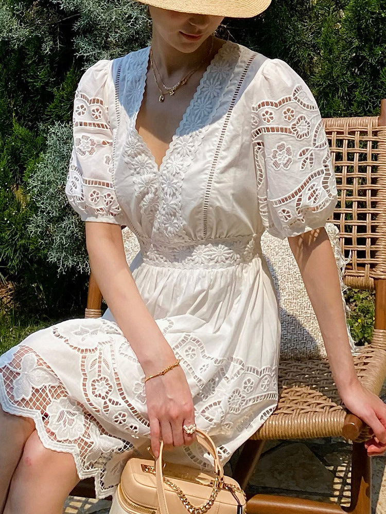 White Openwork Embroidered Short Sleeve V-Neck Petite Dress