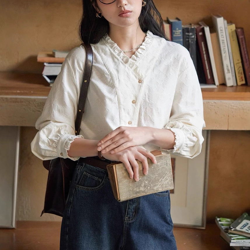 Flowering Girl Women whtie plaid V-neck ruffled long-sleeve shirt