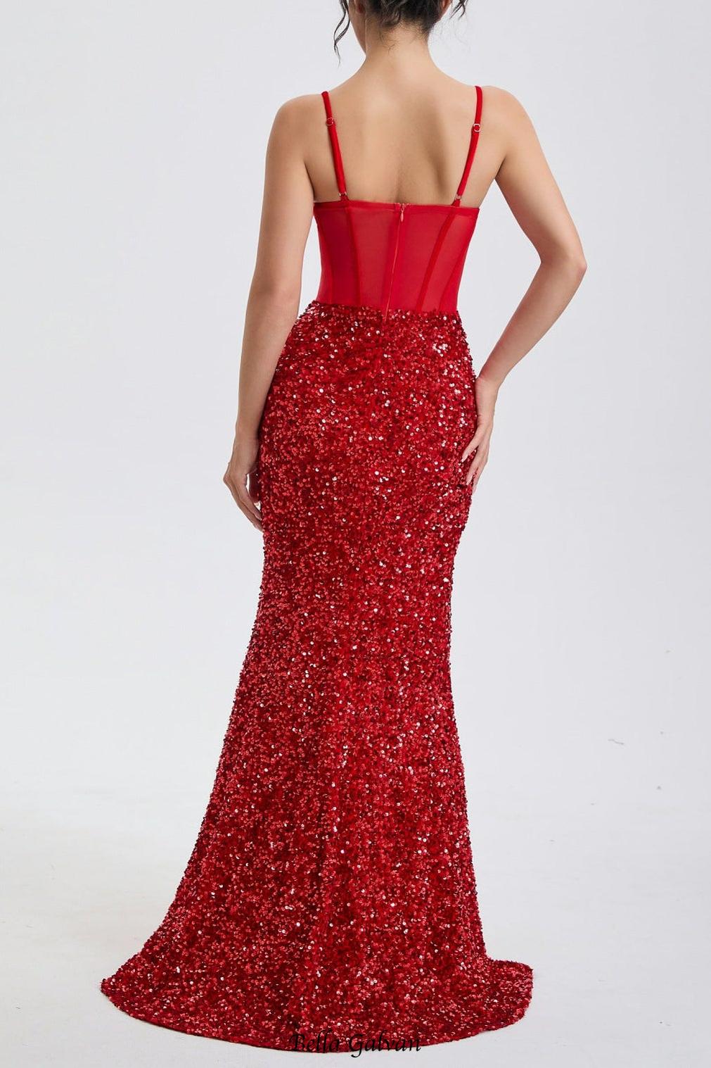 rebecca sequin embellished high slit corset maxi dress in red