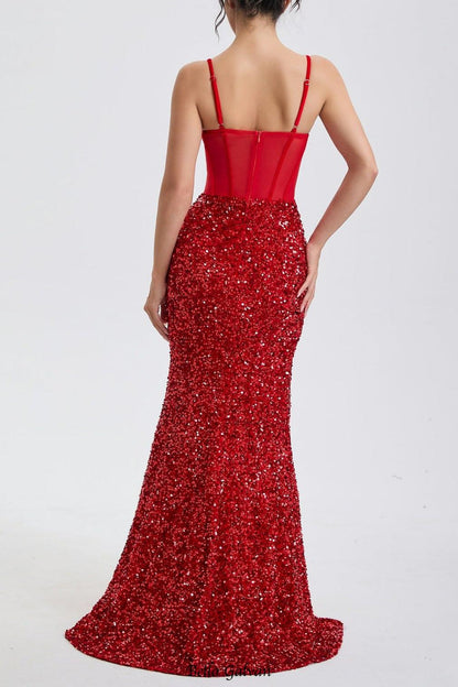 rebecca sequin embellished high slit corset maxi dress in red