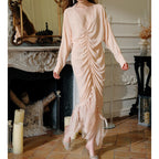 Flowering Girl Women pearl embellished ruched apricot maxi dress