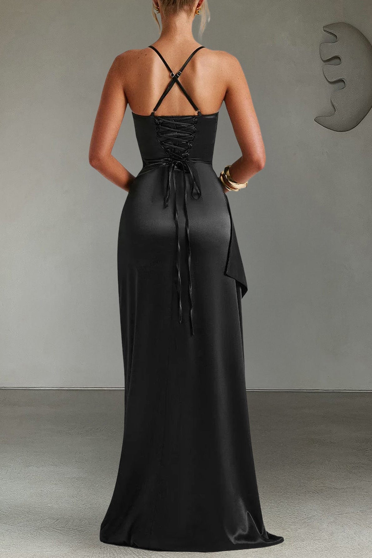 Flowering Girl Women black suspender slits maxi dress