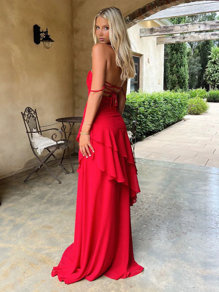 Flowering Girl Women red Backless Long Slip Dress