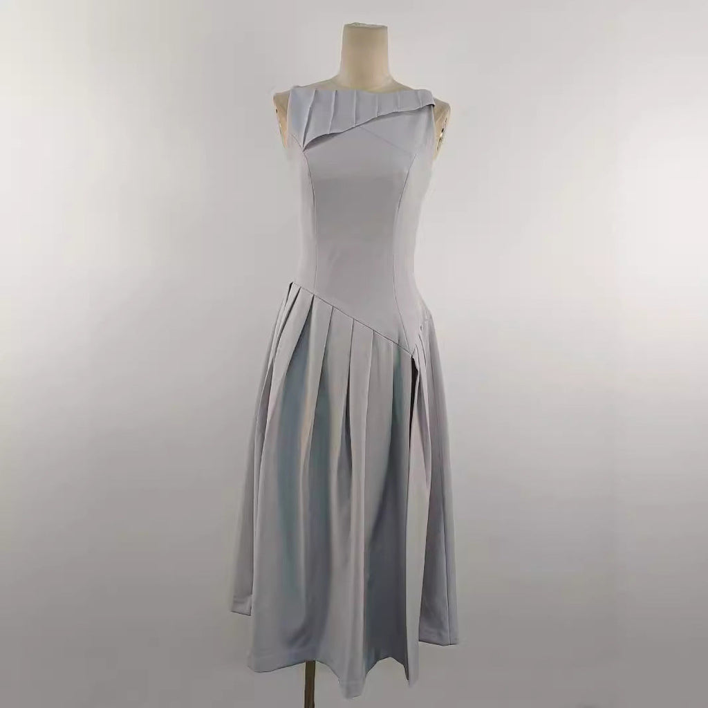 Flowering Girl Women sleeveless pleated slit midi dress in gray