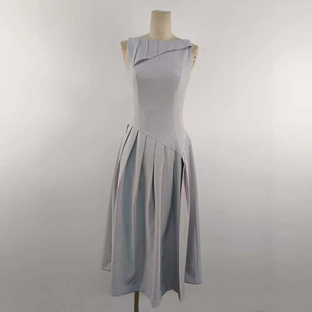 Flowering Girl Women sleeveless pleated slit midi dress in gray