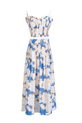Flowering Girl Women Pleated Floral-Print Linen Bustier Top Skirt Set In Blue
