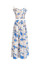 Flowering Girl Women Pleated Floral-Print Linen Bustier Top Skirt Set In Blue