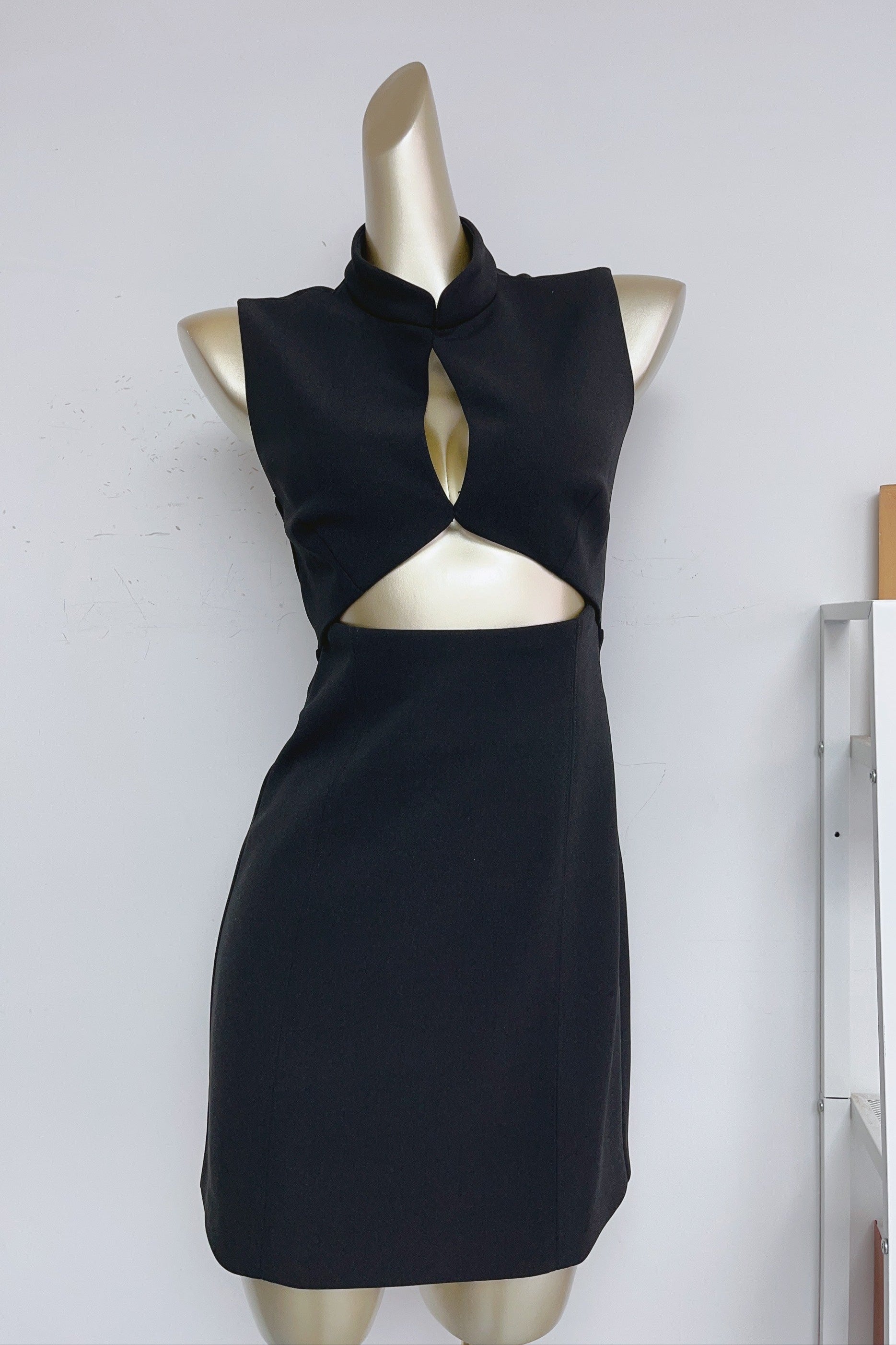 stand collar cutout mini dress in black