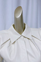 Flowering Girl Women White Lapel Collar Leather Puff Sleeves Mini Dress