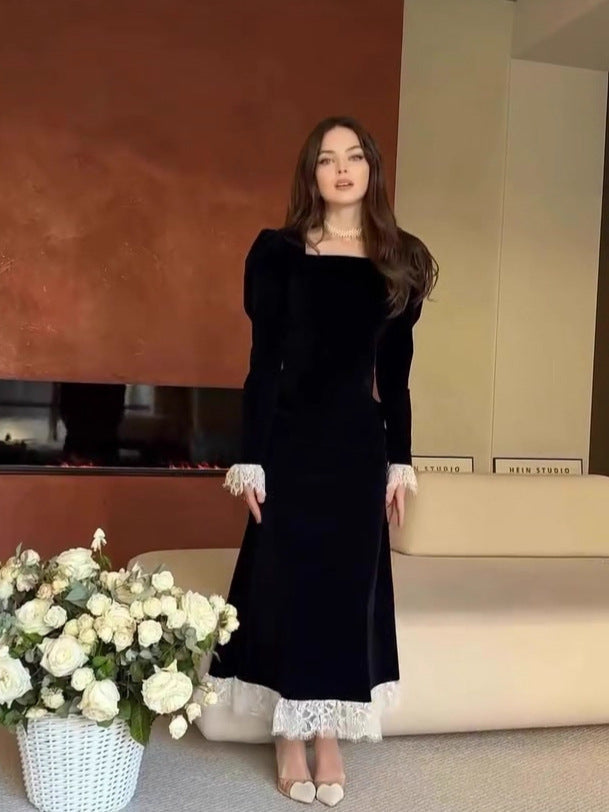 Flowering Girl Women black long-sleeved waist-cinching dress