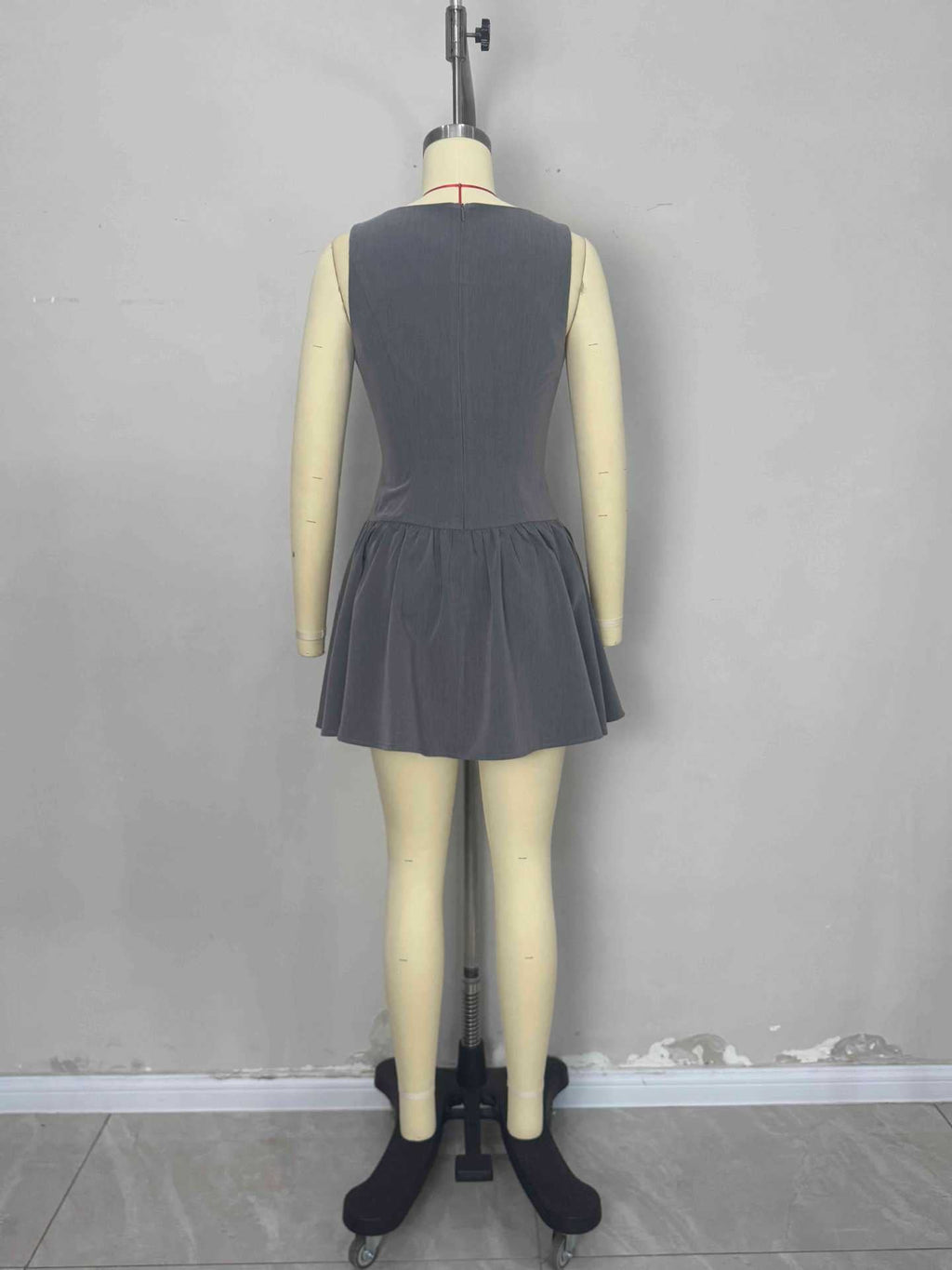 Flowering Girl Women Grey Boat Neck Sleeveless Button Front Gathered Flare Mini Dress
