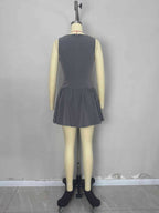 Flowering Girl Women Grey Boat Neck Sleeveless Button Front Gathered Flare Mini Dress