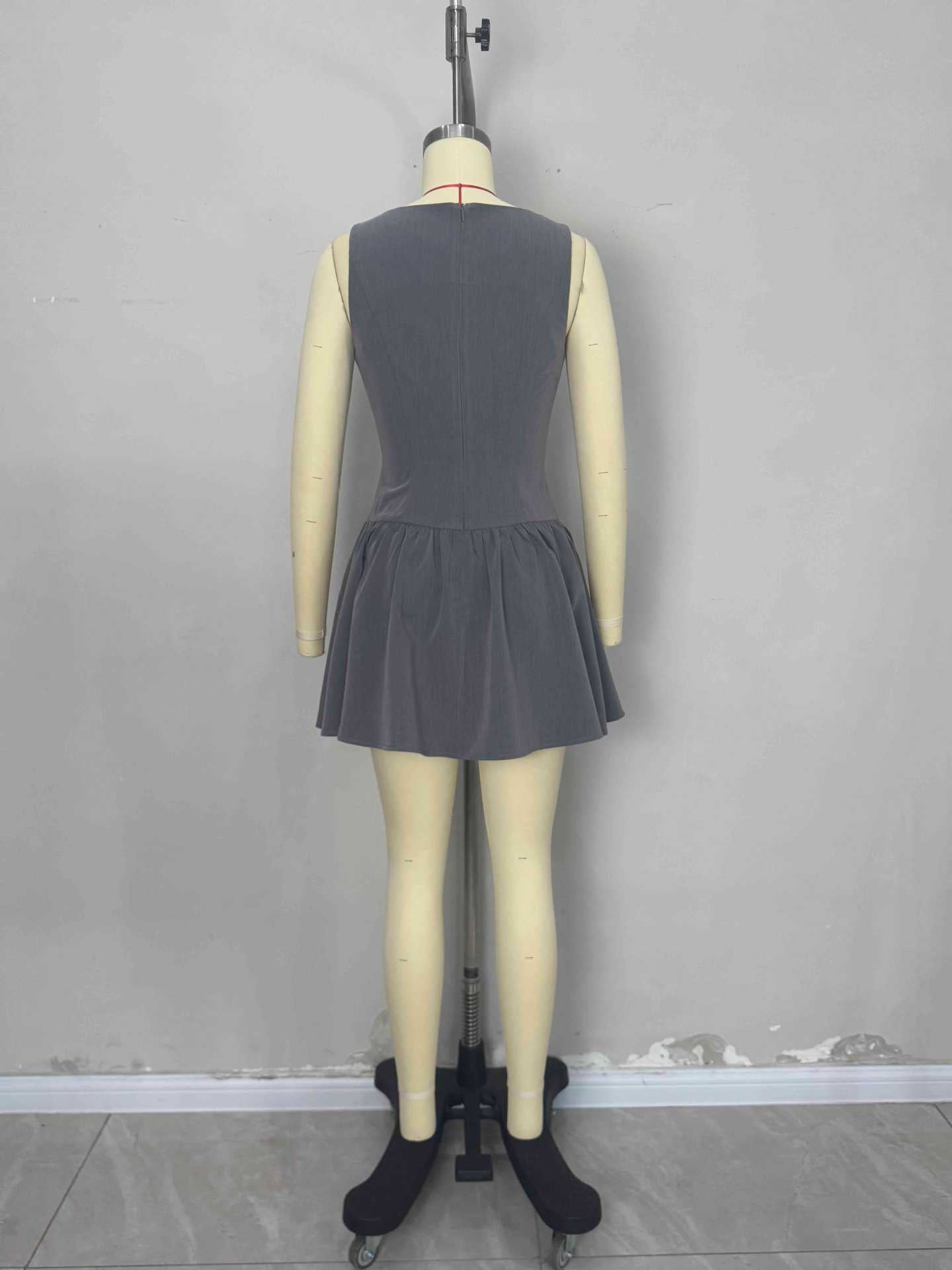 Flowering Girl Women Grey Boat Neck Sleeveless Button Front Gathered Flare Mini Dress