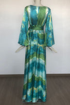 Flowering Girl Women Green Multicolor Floral Print Puff Sleeve Maxi Dress