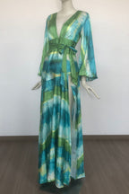 Flowering Girl Women Green Multicolor Floral Print Puff Sleeve Maxi Dress