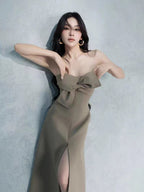 Flowering Girl Women alberta bowknot strapless slit midi dress in grey green