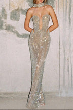 Silver Crystal Mesh Keyhole Cutout Mermaid Gown