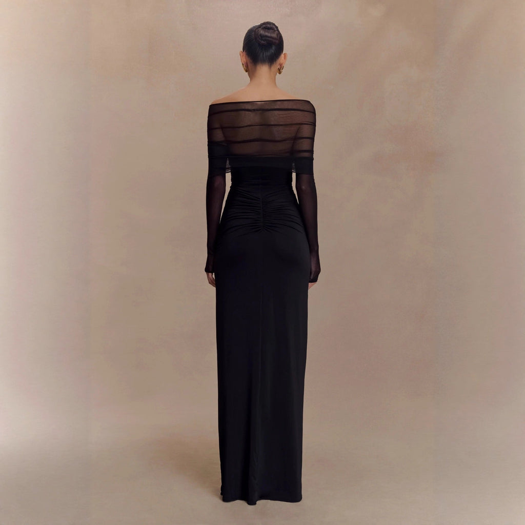 Flowering Girl Women black openwork spliced mesh long sleeve dress