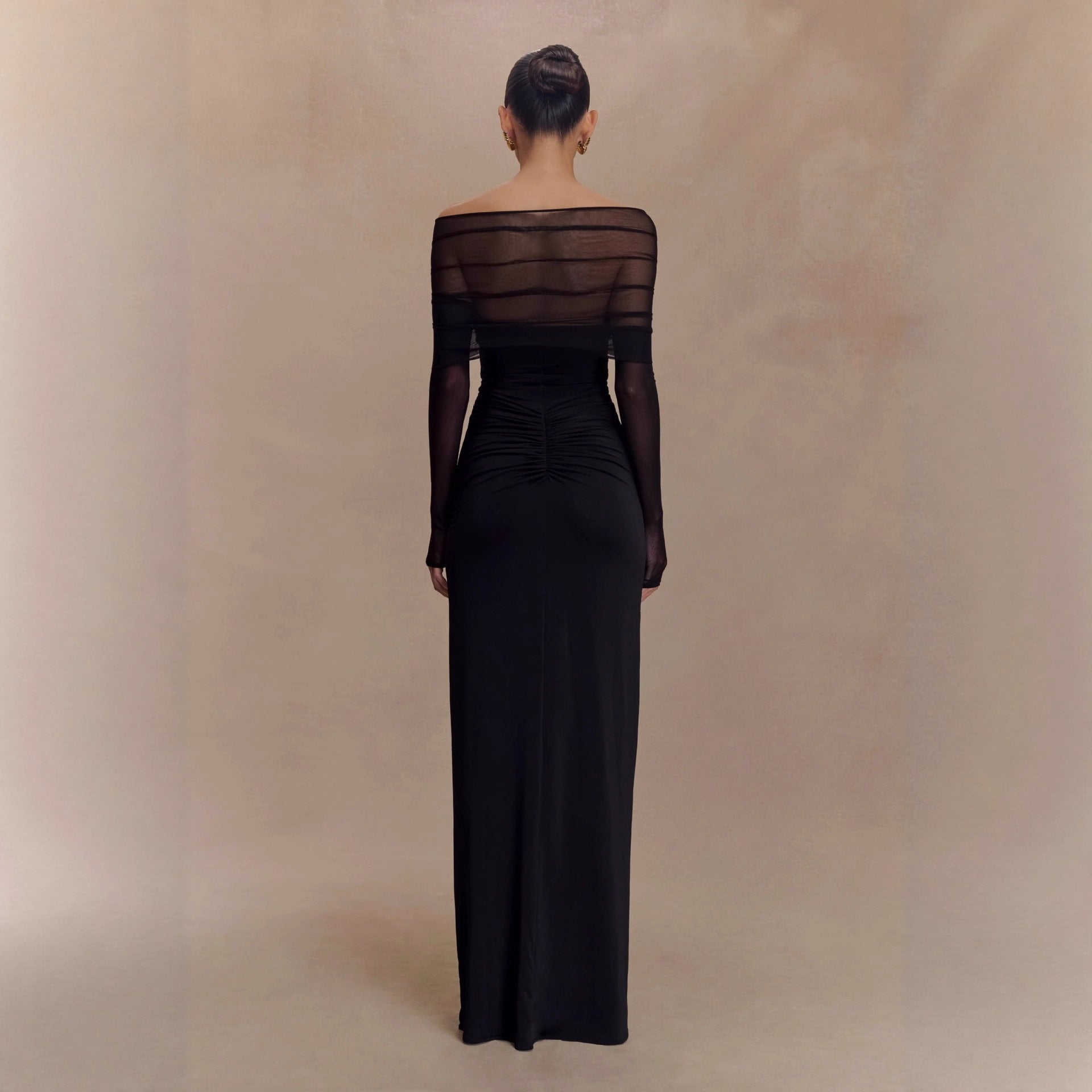 Flowering Girl Women black openwork spliced mesh long sleeve dress