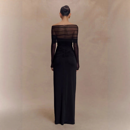 black openwork spliced mesh long sleeve dress