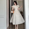 Flowering Girl Women pearl neck Puff sleeve flared lace maxi dress - apricot