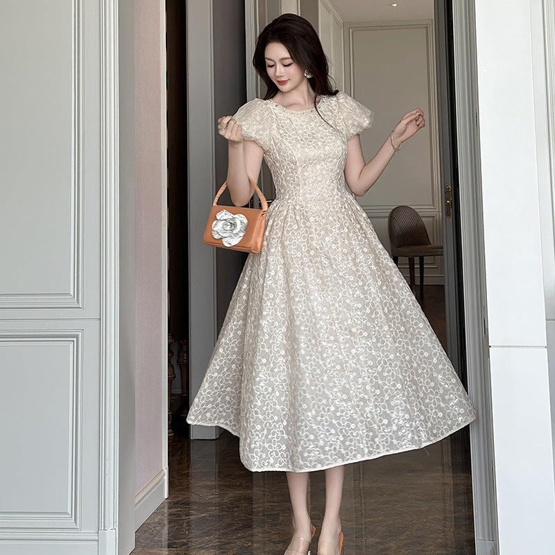 Flowering Girl Women pearl neck Puff sleeve flared lace maxi dress - apricot