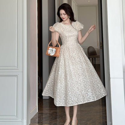 pearl neck Puff sleeve flared lace maxi dress - apricot