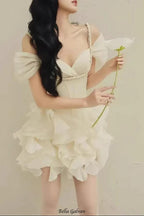 Flowering Girl Women victoria off-shoulder puffy mini dress - beige