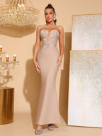 Belen Beaded Fishtail Strapless Bandage Maxi Dress In Apricot